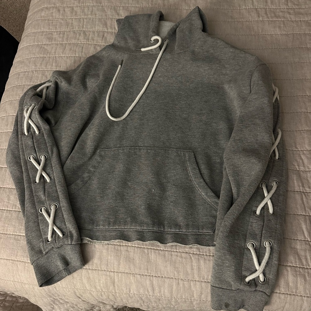 Gray Hoodie with Lace-Up Sleeves